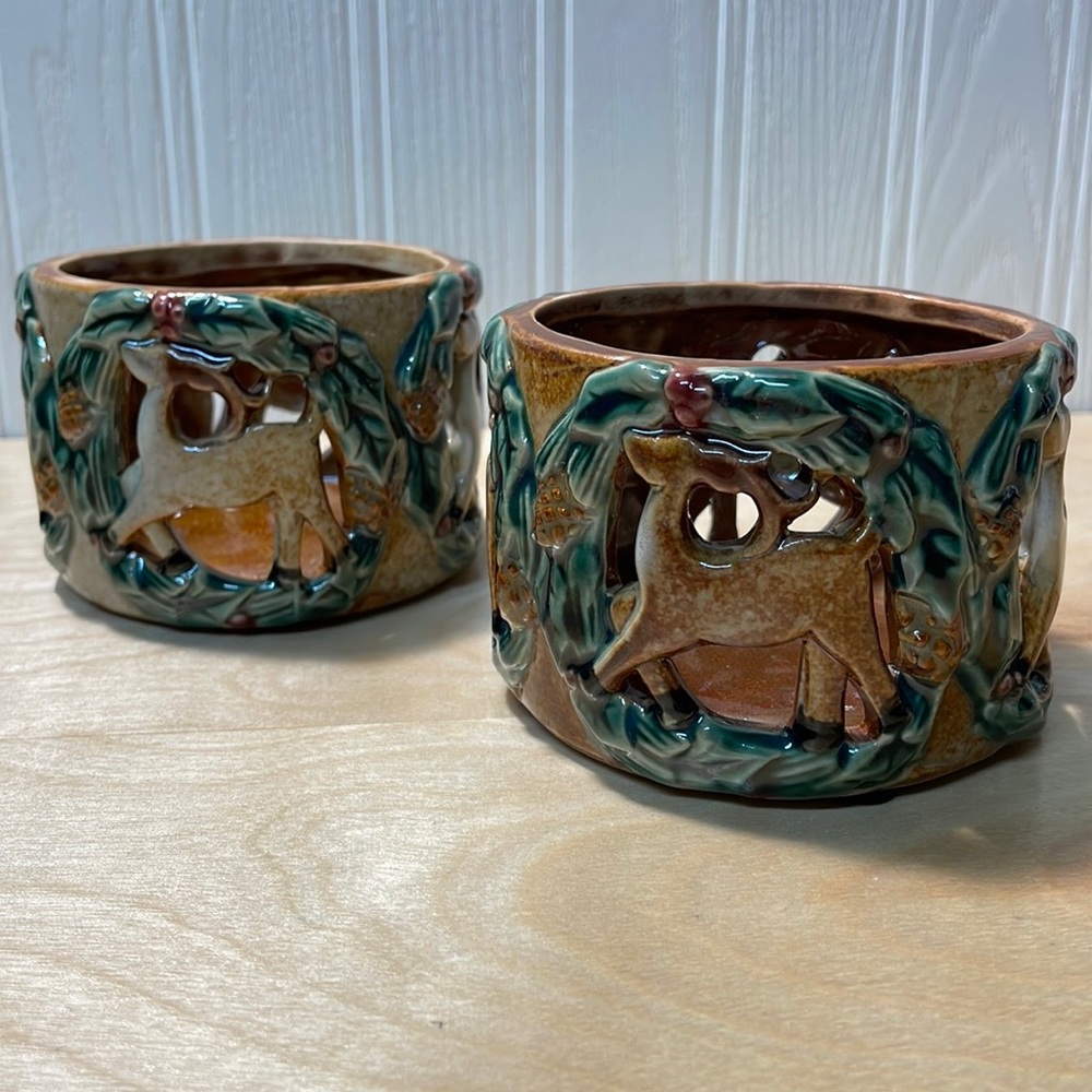 Two Round Ceramic Christmas Reindeer Wreath Candle Holders